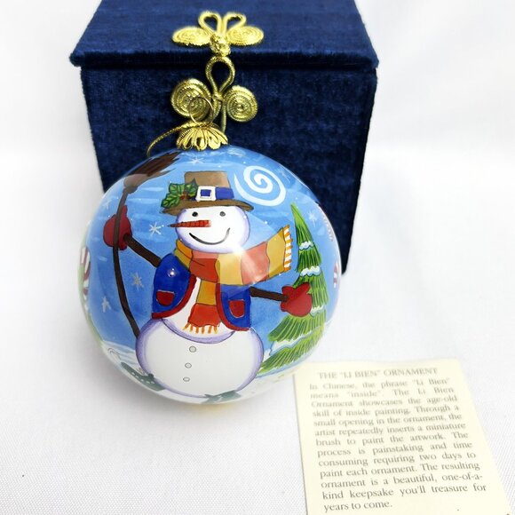 PIER 1 Li Bien Round Christmas Ornament Snowman Glass Blue Hand Painted w/Box - Picture 1 of 4